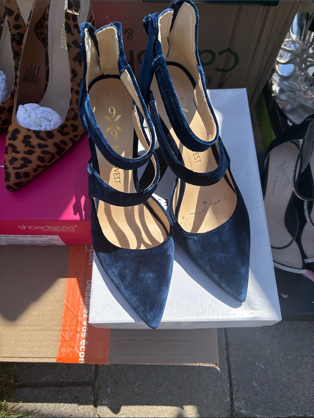 Nine West Navy Velvet Triple-Strap Pointed-Toe Heels